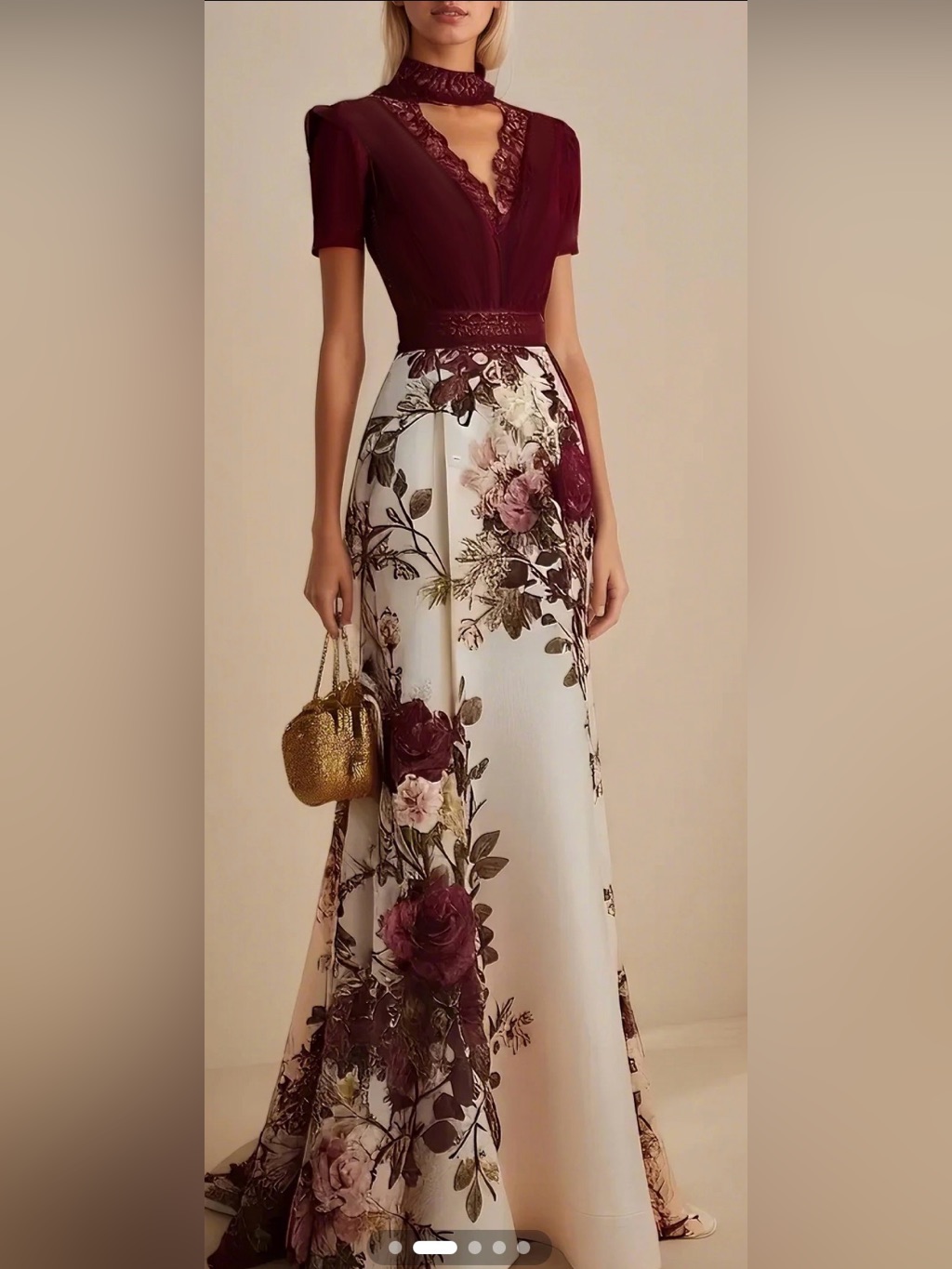 Women's Burgundy Lace-Trim V-Neck Dress #287